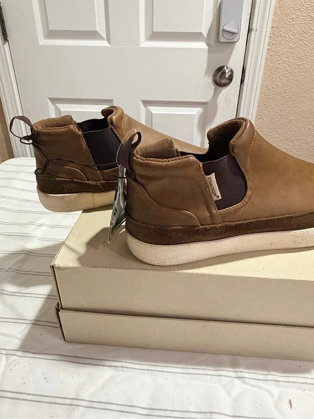Men's Brown Leather-Style Slip-On Boots with White Sole